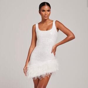 Nadine Merabi Evie White Sequined Feather Hem Sleeveless Asymmetric Mini Dress S